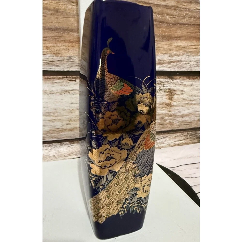 Japanese Colbalt Blue Vase Pheasant & Peony Floral Design Vintage Original